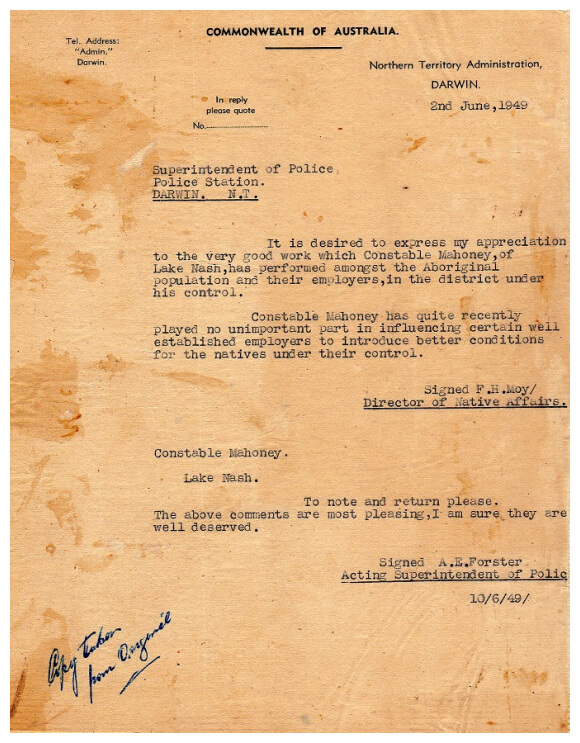 Letter from the Director of Native Affairs Frank Moy praising the work of Constable Mahony in assisting the stockmen's demand for wages