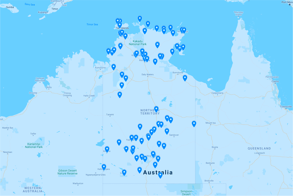 Blue map with pins showing the more than 65 affected communities in the Northern Territory living under the interventions policies