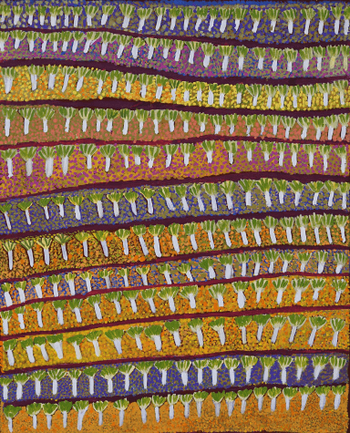 Painting titled View of Country showing layered landscape of Alyawarr, Central Australia