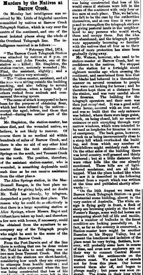 Image of a article describing the Attack at Barrow Creek from 1874