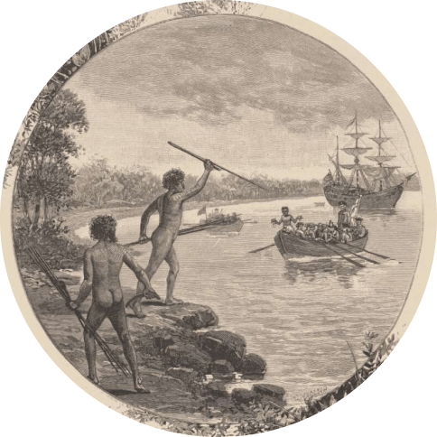 A black and white painting of two Aboriginal people standing on shore with a boat of people approaching