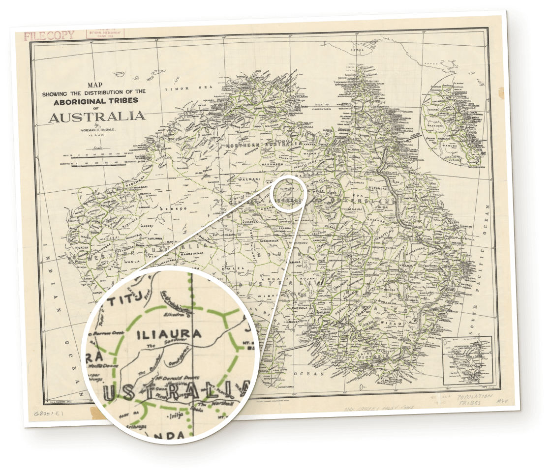 An image of the map of Australia with a callout showing the location of Alyawarra country