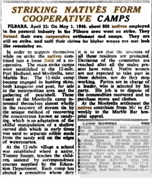 A photo of an article from 1946 titled "Striking Natives Form Cooperative Camps"