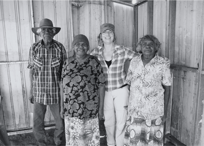 A black and white photo from left to right: Banjo Morton, Angelina Luck, Lara Damiani, Lily Morton 