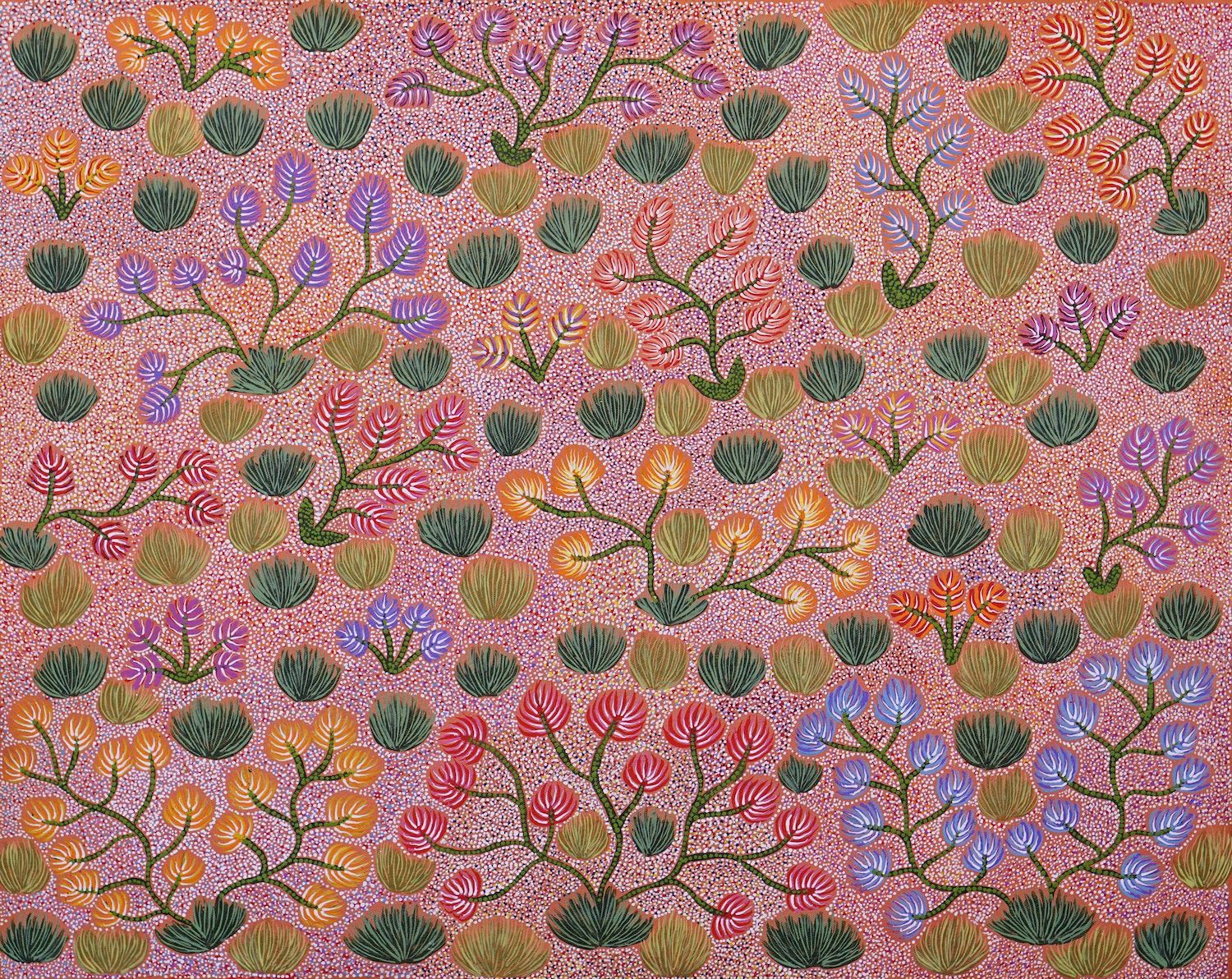 A painting titled Antarrengeny by Edi Kemarre Holmes depicting Antarrengeny "when there has been no rain and the land shimmers like jewels"